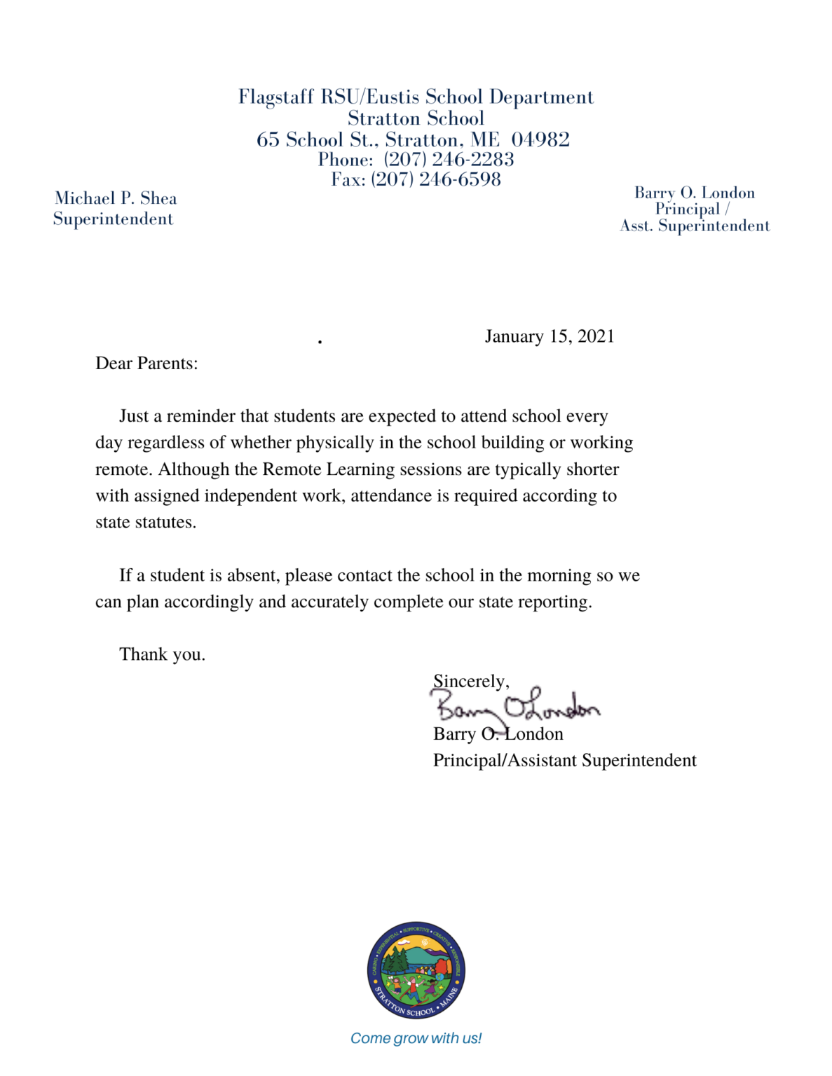 Attendance Letter From Mr London Stratton School